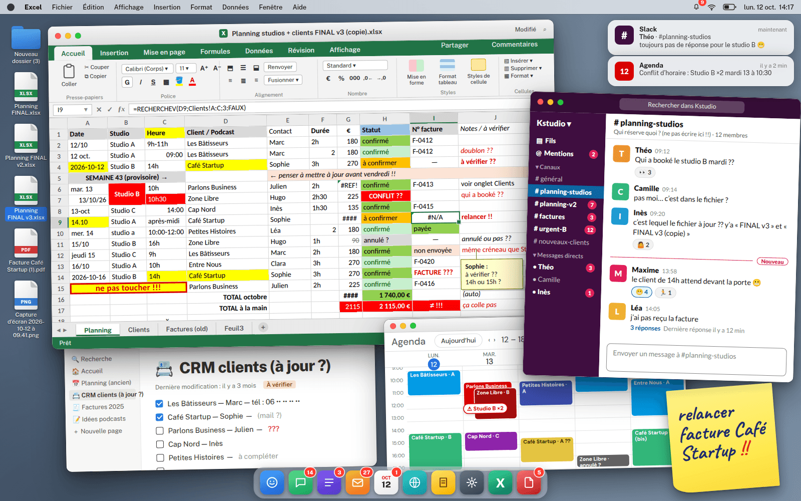 Avant : le planning de Kstudio éclaté entre Excel, Slack, Notion et un agenda