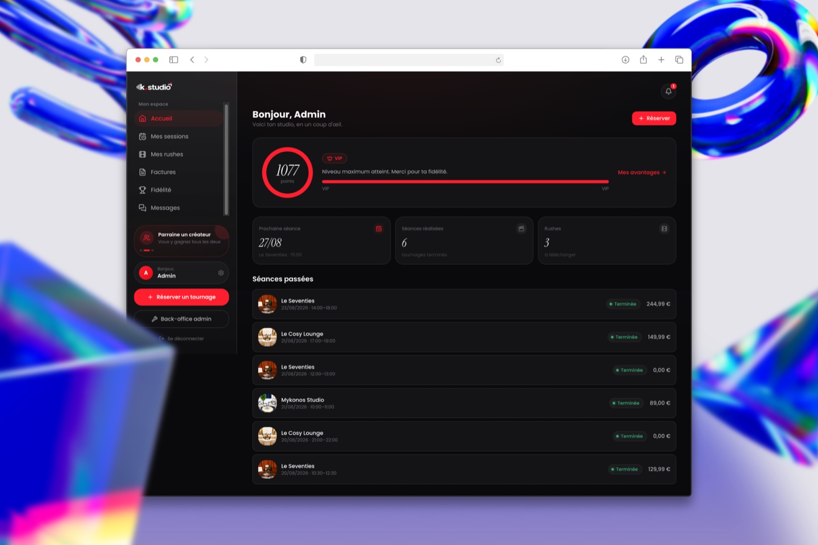 Logiciel de gestion de studio k.studio réalisé par Meridian